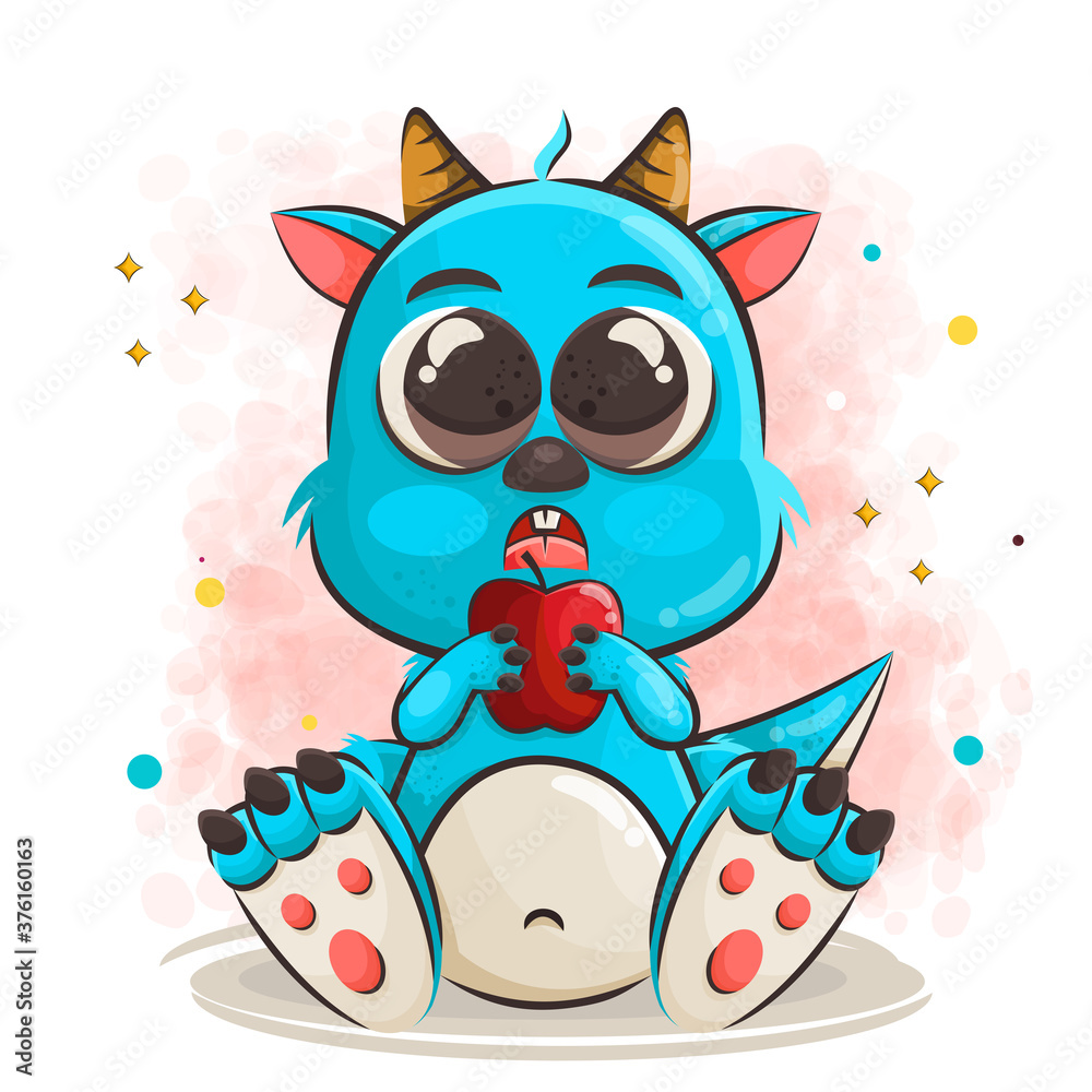 cute baby monster cartoon character holding a apple vector illustration