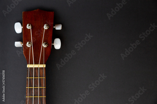 Dark wood ukulele guitar on black background with copy space