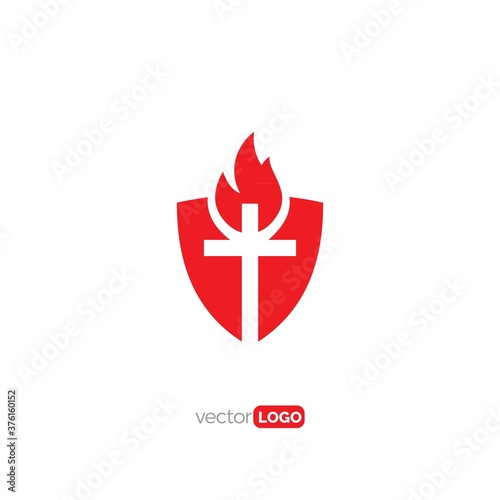 Free Download Shield with Cross and Fire  Logo Design Vector Template Illustration
 - GFXLoad