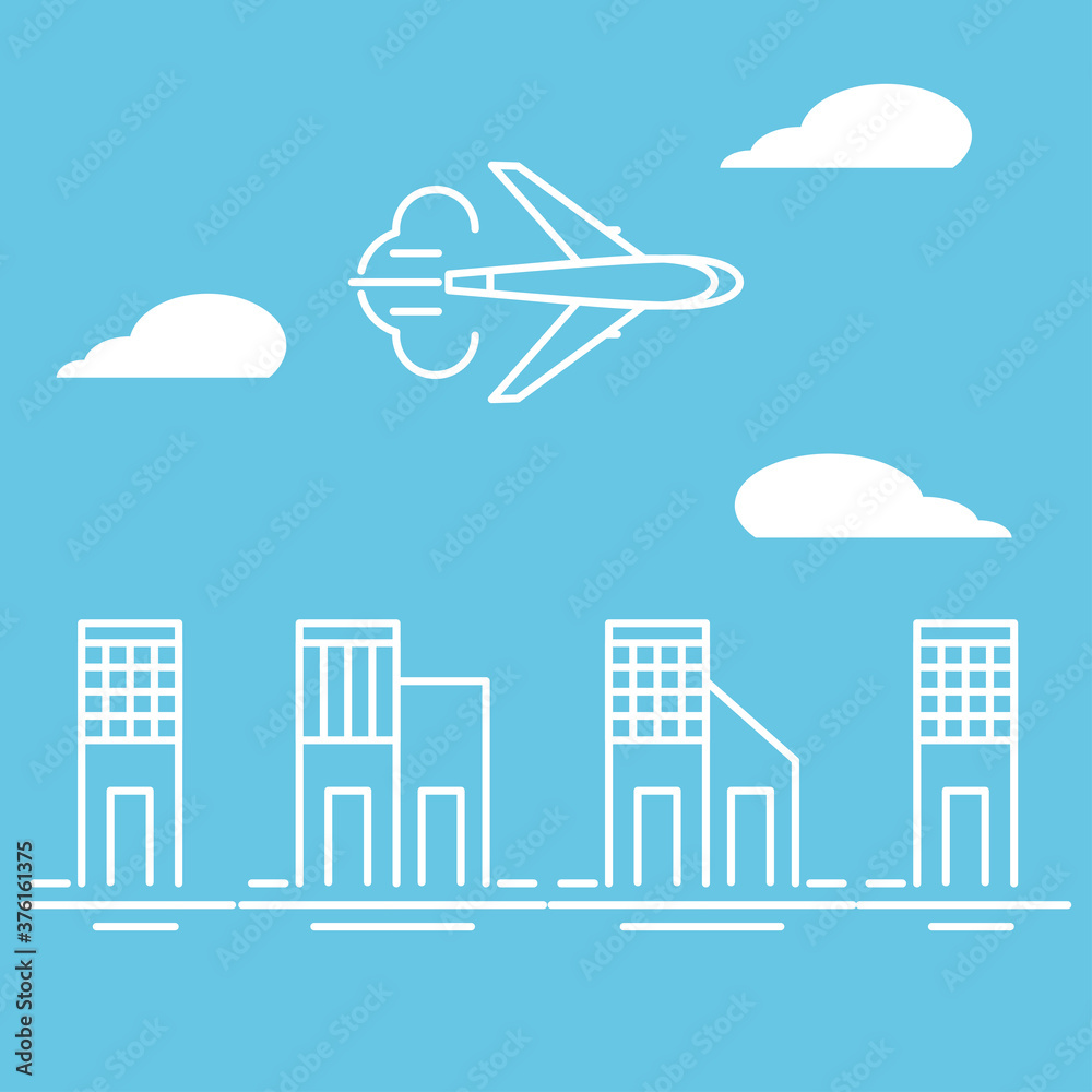 Obraz premium City horizon line with clouds and airplane overflight vector 