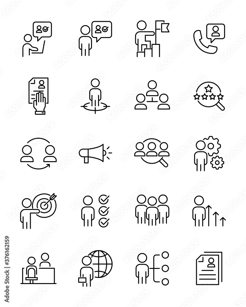 set of job thin line icons, hr, cv, recuitment, job hunting