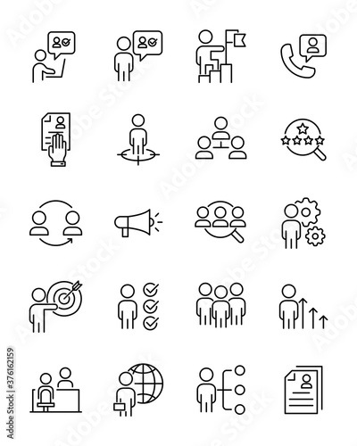 set of job thin line icons, hr, cv, recuitment, job hunting