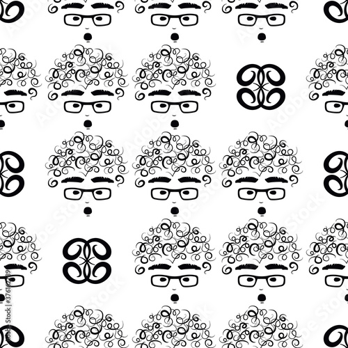 curly-headed boy (dumbfounded) seamless repeat pattern in next-level black and white