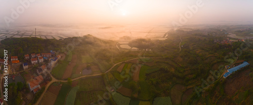 Hubei Daye Baoan Lake National Wetland Park Spring aerial sunrise scenery