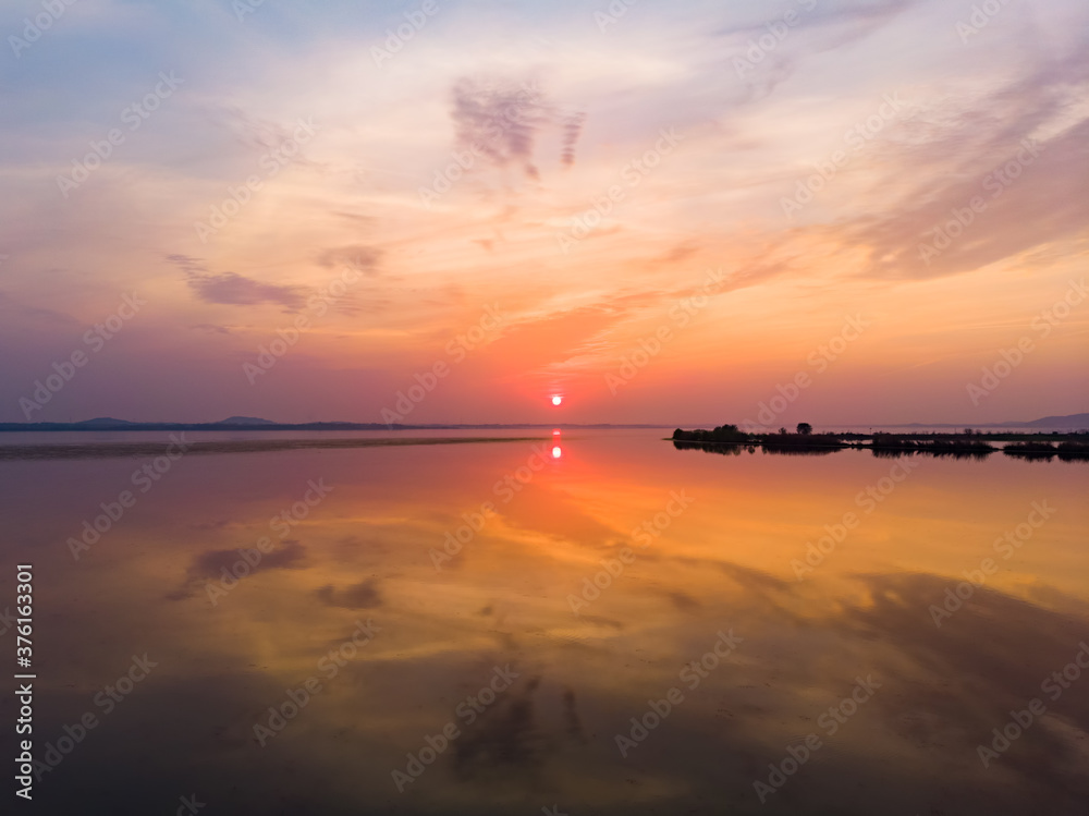 Hubei Daye Baoan Lake National Wetland Park Spring aerial sunset scenery