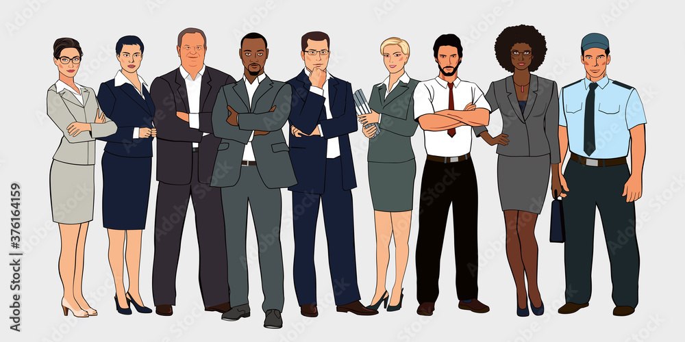 A group of office workers of different nationalities. Full-length figures. Vector graphics in the style of pop art