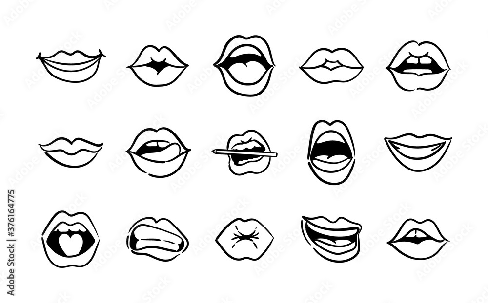 bundle of fifteen mouths pop art line style icons