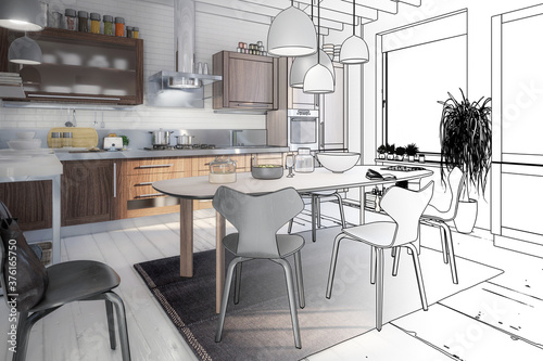Kitchen Area with Dining Room Integration  planning  - 3d visualization