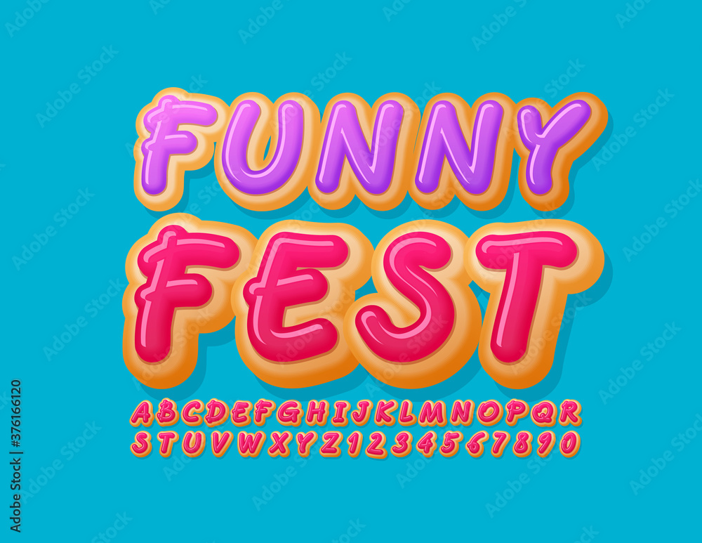 Vector bright poster Funny Fest. Pink creative Font. Sweet Donut Alphabet Letters and Numbers Vector bright poster Funny Fest. Pink creative Font. Sweet Donut Alphabet Letters and Numbers
