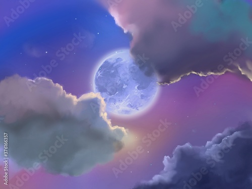 landscape of beautiful clouds and bluely full moon