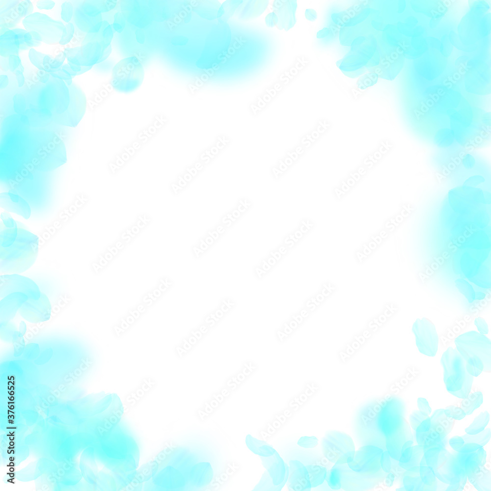 Turquoise flower petals falling down. Cool romanti