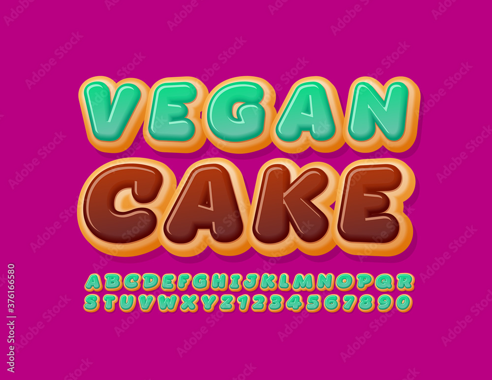 Vector tasty sign Vegan Cake. Green Glazed Font. Delicious Donut Alphabet Letters and Numbers
