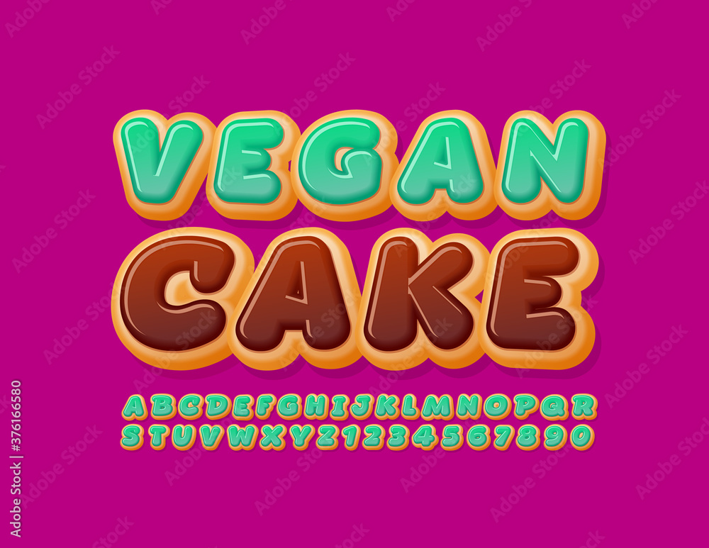 Vector tasty sign Vegan Cake. Green Glazed Font. Delicious Donut Alphabet Letters and Numbers
Vector tasty sign Vegan Cake. Green Glazed Font. Delicious Donut Alphabet Letters and Numbers