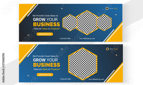 Business Facebook cover blue hexagon style clean set 