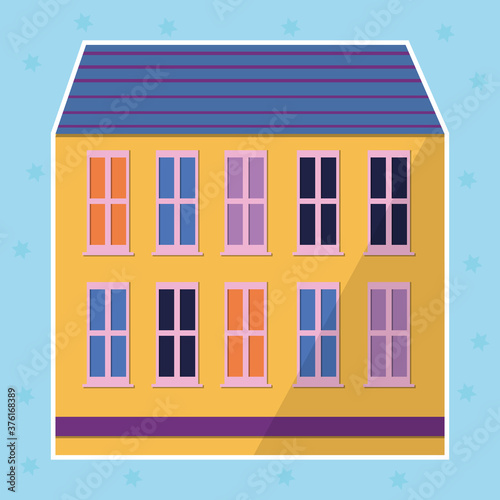 Yellow color house sticker in flat style. Modern icon for banner design. Modern illustration. Sticker style.