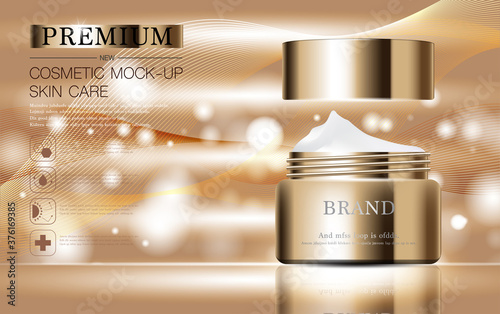 Hydrating facial skincare for annual sale or festival sale. silver brown cream mask bottle isolated on glitter particles background for product presentation. Graceful cosmetic ads.