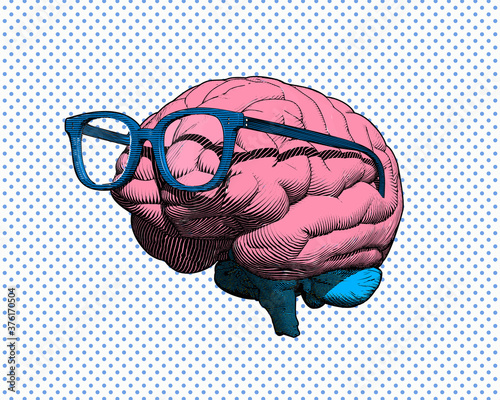 Brain with glasses drawing illustration on blue dot  BG