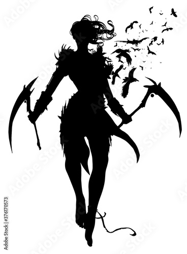 The black silhouette of a sinister witch woman with two sickles hovering in the air, crows fly out of her long hair. 2D illustration.