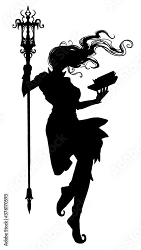 The black silhouette of a sinister female sorceress whipping in the air, holding a long staff and a magic book. 2D illustration.