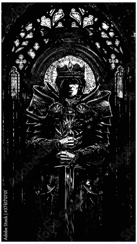 The black silhouette of a knight king with a sword, his face is scarred, he is wearing beautiful armor with patterns. 2D illustration.