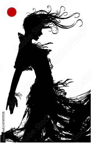 The black silhouette of a sinister vampinar woman, in a torn dress, stands in profile and bares her sharp teeth. 2D illustration.