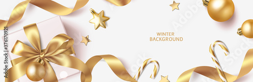 New Year and Christmas design template. Winter background with decorative golden balls and stars. Vector illustration