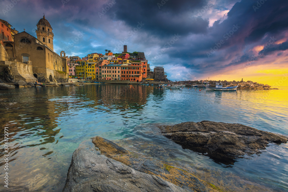 Fabulous harbor of Vernazza village at sunset, Cinque Terre, Italy