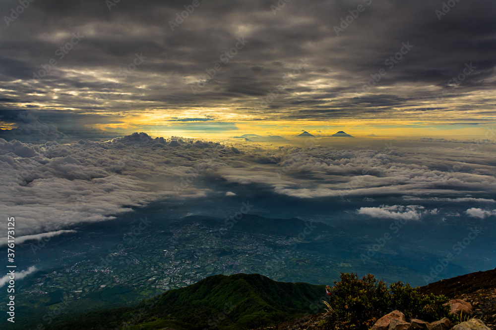 Ray of Light Sunlight Sunbeam through cloud formation Heaven Heavenly Nirvana Mountain Peak Morning View Indonesia Java Mountaineering Hobby Magnificent God Universe Earth Panorama Landscape 