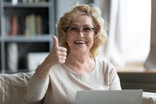 Head shot portrait smiling overjoyed mature woman showing thumb up, looking at camera, sitting on couch, using laptop, satisfied customer recommending online service quality, shopping offer