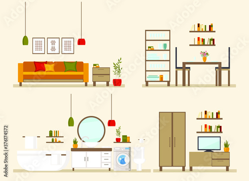 set with interiors, bathroom, kitchen, living room and bedroom, flat vector illustration of rooms with furniture
