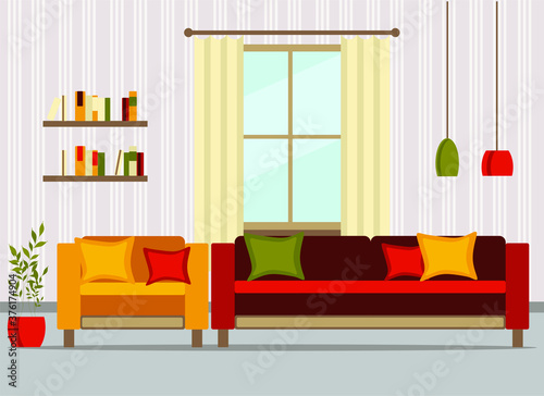 living room interior with furniture  table  shelves with books and home flowers  floor lamp. flat cartoon vector illustration