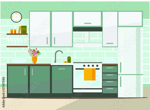kitchen interior with furniture, flat vector illustration