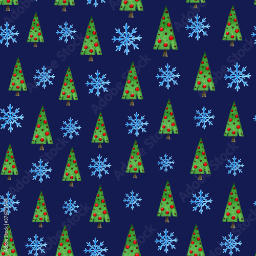 pattern of Christmas trees and snowflakes on a blue background © marina