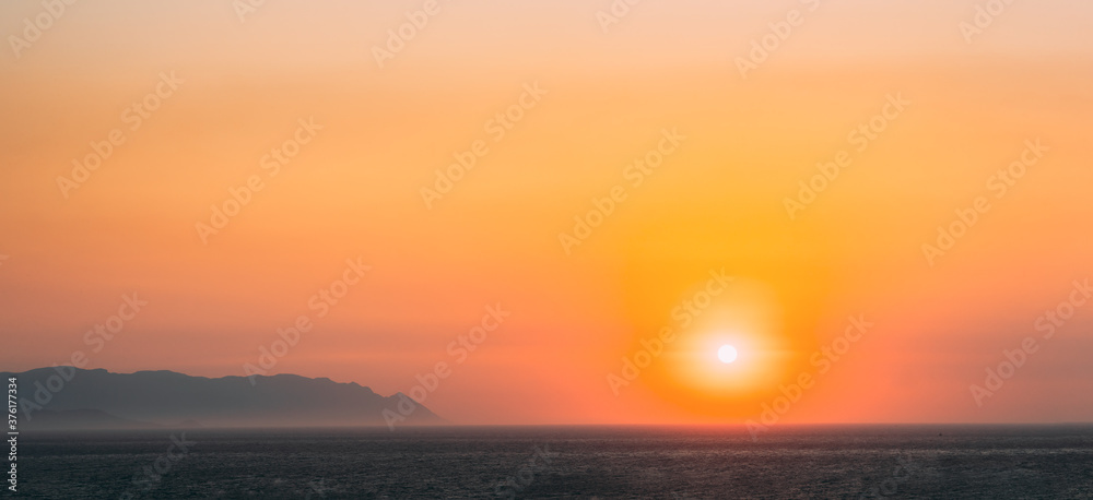 Aegean Sea. Evening Sun Sunshine Above Sea. Natural Sunset Sky Warm Colors. Panorama, Panoramic View Seascape
