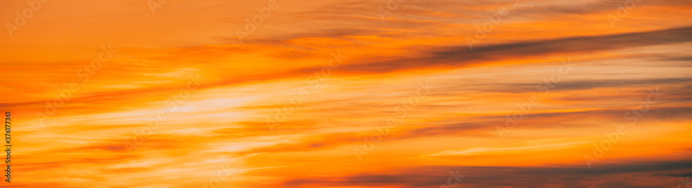 Sunrise Bright Dramatic Sky. Scenic Colorful Sky At Dawn. Sunset Sky Natural Abstract Background. Panorama