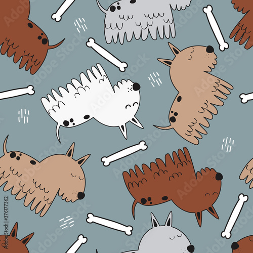 Happy dogs, bones, hand drawn backdrop. Colorful seamless pattern with animals. Decorative cute wallpaper, good for printing. Overlapping background vector. Design illustration