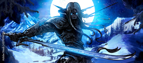 A handsome elf warrior with two curved blades stands against the backdrop of a huge winter moon, ready for battle, his eyes glowing with blue magical light. 2D illustration.