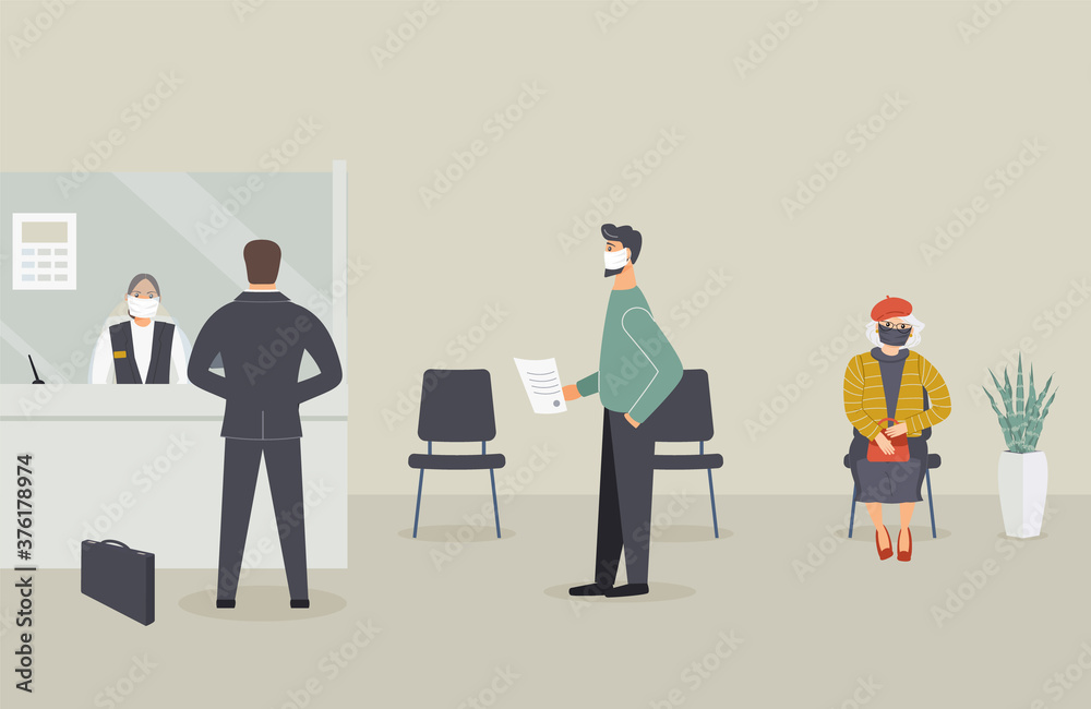 Bank office is open during epidemic of virus.Employee in protective medical mask behind counter serve customers.Clients stand in hall near cash register window and talk to clerk.Vector illustration Bank office is open during epidemic of virus.Employee in protective medical mask behind counter serve customers.Clients stand in hall near cash register window and talk to clerk.Vector illustration