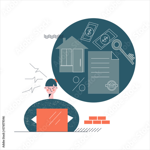 Mortgage house concept. Girl find loan that a bank or mortgage lender gives to help finance the purchase of a home. Flat vector cartoon illustration with character isolated on white background