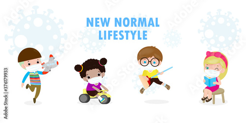 New normal lifestyle concept After Coronavirus outbreak, kids wearing medical mask with toy and social distancing character cartoon isolated on white background design vector illustration