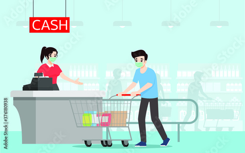Social distancing to prevent coronavirus or covid-19. The prevention and maintain to wear face mask and safe distance from the other people at the supermarket. Customers protection rule.