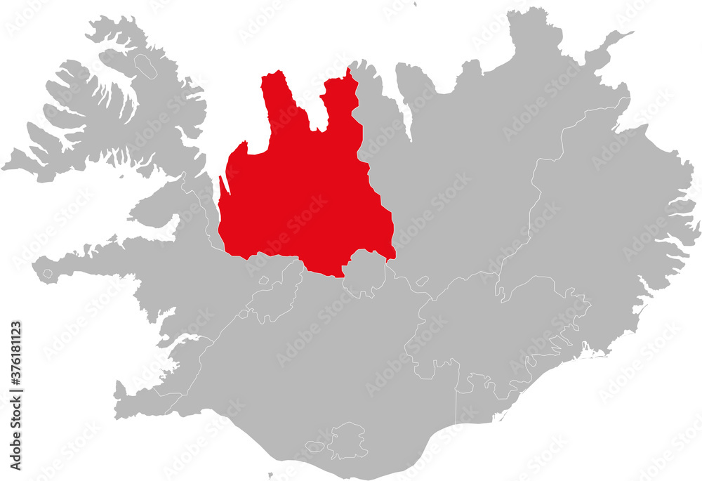 Nordurland Vestra provinces isolated on Iceland map. Gray background. Backgrounds and Wallpapers.