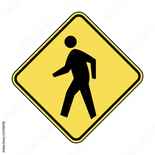 Pedestrian crossing road sign. Yellow diamond shaped warning traffic sign with man pictogram inside. Vector illustration of caution against pedestrians. 