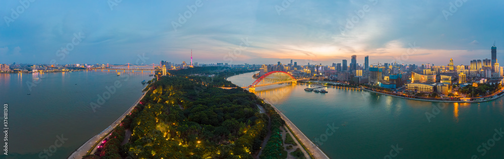 Wuhan city sunset and night aerial photography scenery in summer