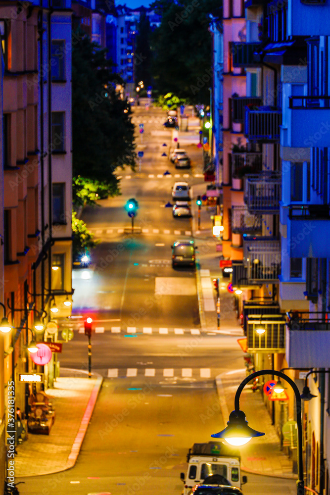 Obraz premium Stockholm, Sweden Timmermansgatan on the island of Sodermalm at night.