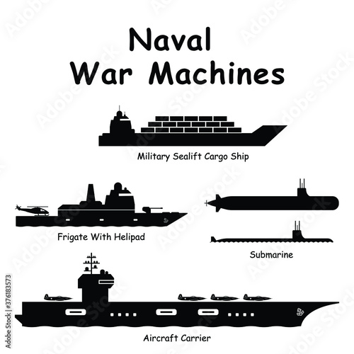 Naval War Machines. Pictogram depicting Navy War Military Vessels such as Aircraft Carrier, Battleship, Destroyer, Attack Ship, Submarine, and Military Cargo Ship. EPS Vector