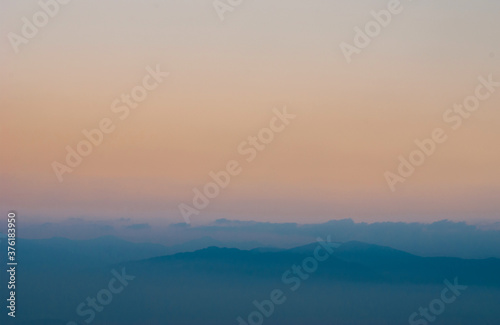 View of the mist-covered mountains.