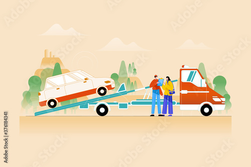 a young women and tow truck driver talking Vector Illustration