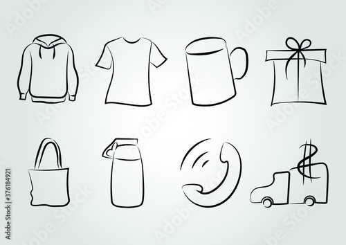  vector icons for a store of t-shirts, clothes: sweatshirt, t-shirt, cup, thermos, eco bag, gifts, contacts, delivery and payment