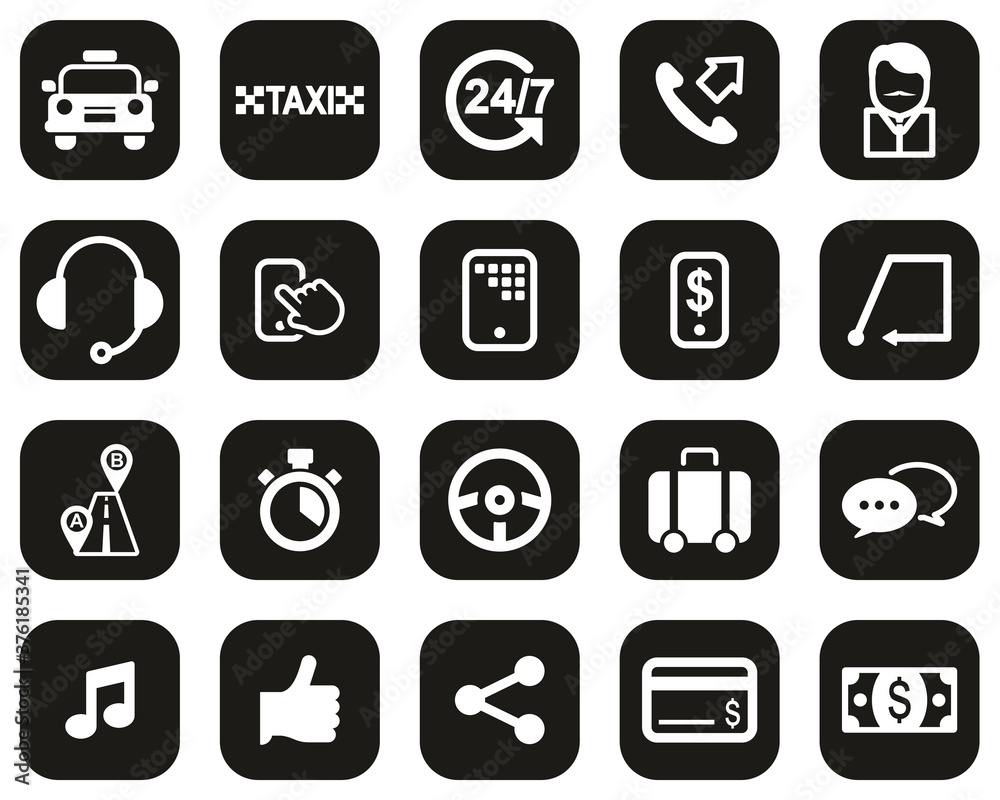 Taxi Or Taxi Service Icons White On Black Flat Design Set Big Taxi Or Taxi Service Icons White On Black Flat Design Set Big